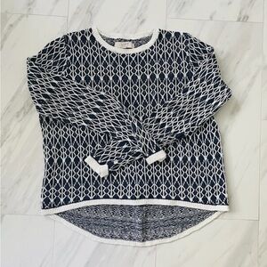 100% Linen Sweater Navy White Textured Knit Long Sleeve Hi-Low Hem Sz L